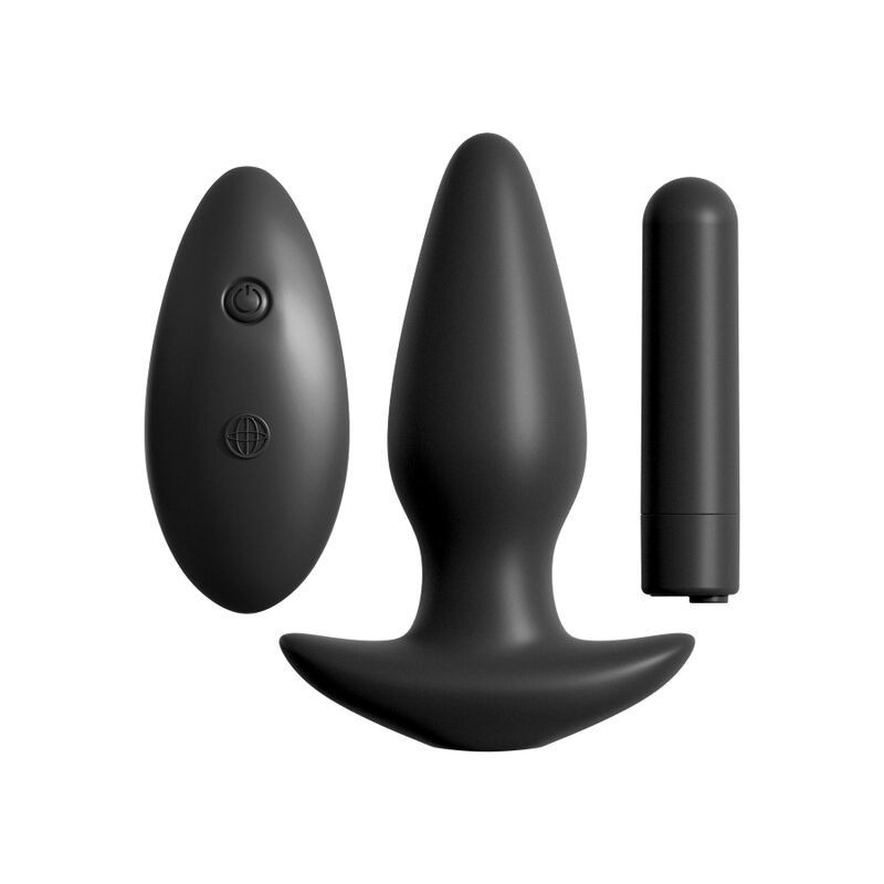 Schwarzer Analplug mit breiter Basis, Fernbedienung und separatem Vibrator.