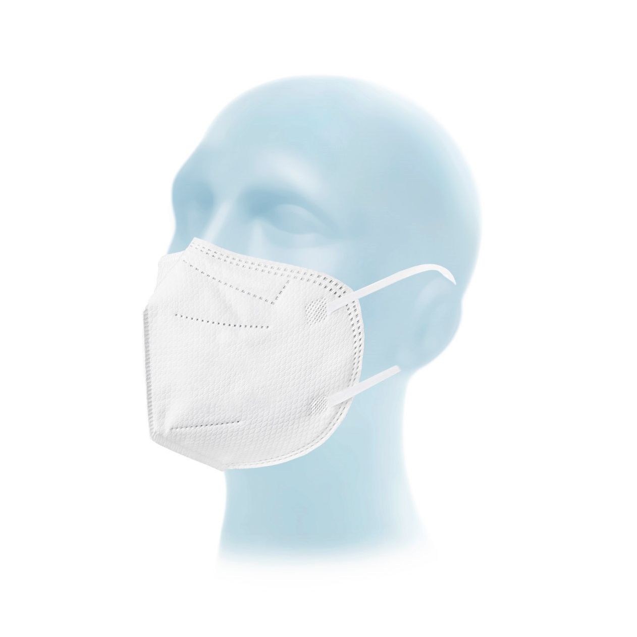 Weiße Meditrade Respima FFP2 NR Atemschutzmaske auf einem blauen Dummy-Kopf. Maske mit Ohrschlaufen.