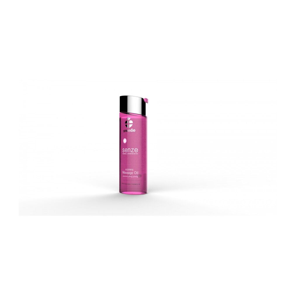 Rosa Massageölflasche mit silbernem Deckel. Aufschrift: Swede, Senze, Massage Oil, Jasmine Ylang Ylang.