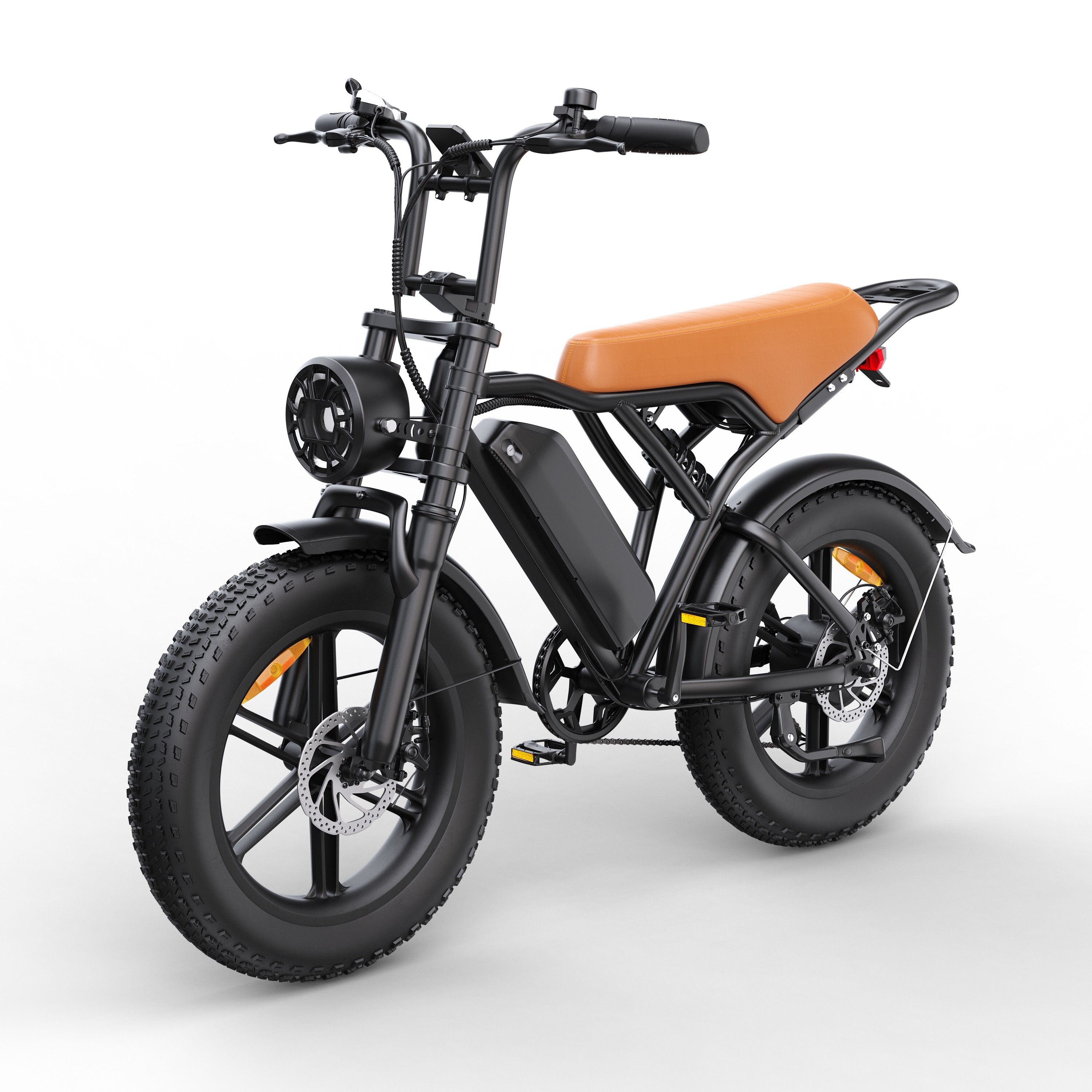 Schwarzes E-Bike mit braunem Sattel. Breitreifen, Scheinwerfer, Gepäckträger. 7-Gang-Getriebe.