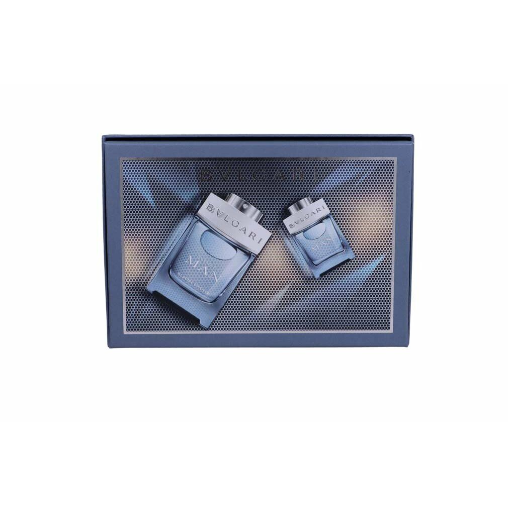 Blaues Geschenkset mit zwei Flakons. Auf der Verpackung steht "BVLGARI MAN".