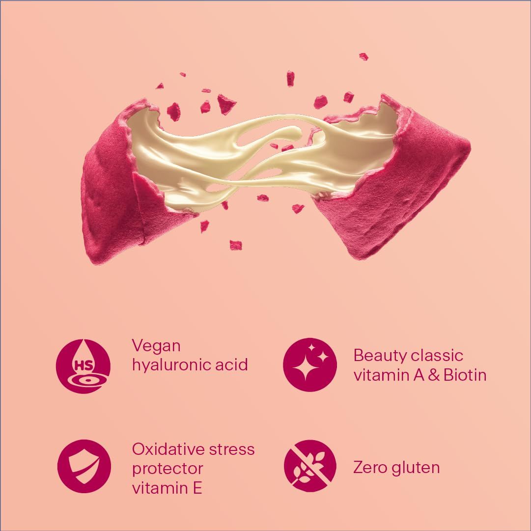 Geöffnete Süßigkeit mit weißer Creme. Text: "Vegan hyaluronic acid", "Beauty classic vitamin A & Biotin", "Zero gluten", "Oxidative stress protector vitamin E".