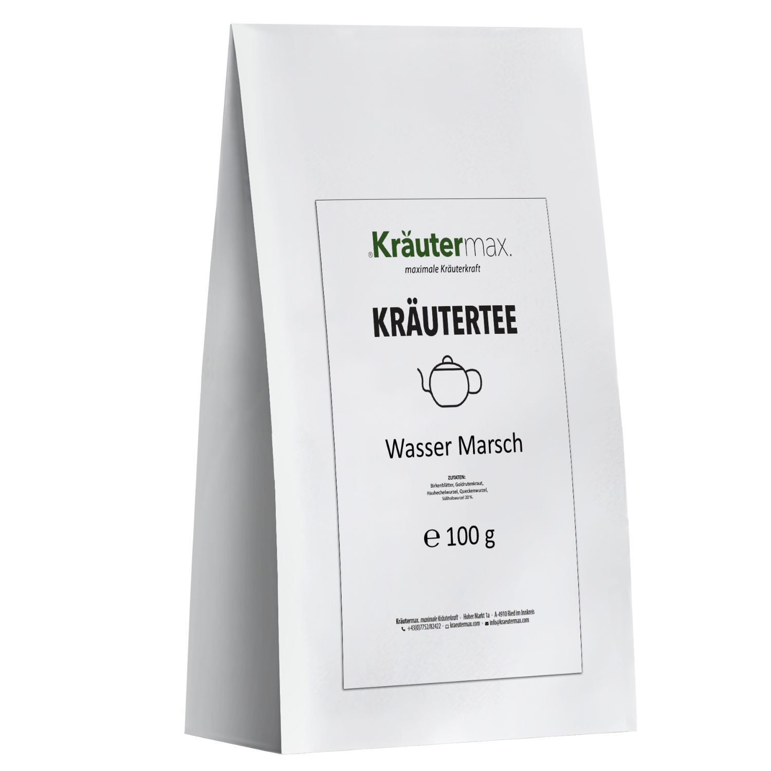 Weißer Beutel Kräutertee mit Logo und Text. Text: Wasser Marsch, e 100 g. Aufdruck: Kräutermax.
