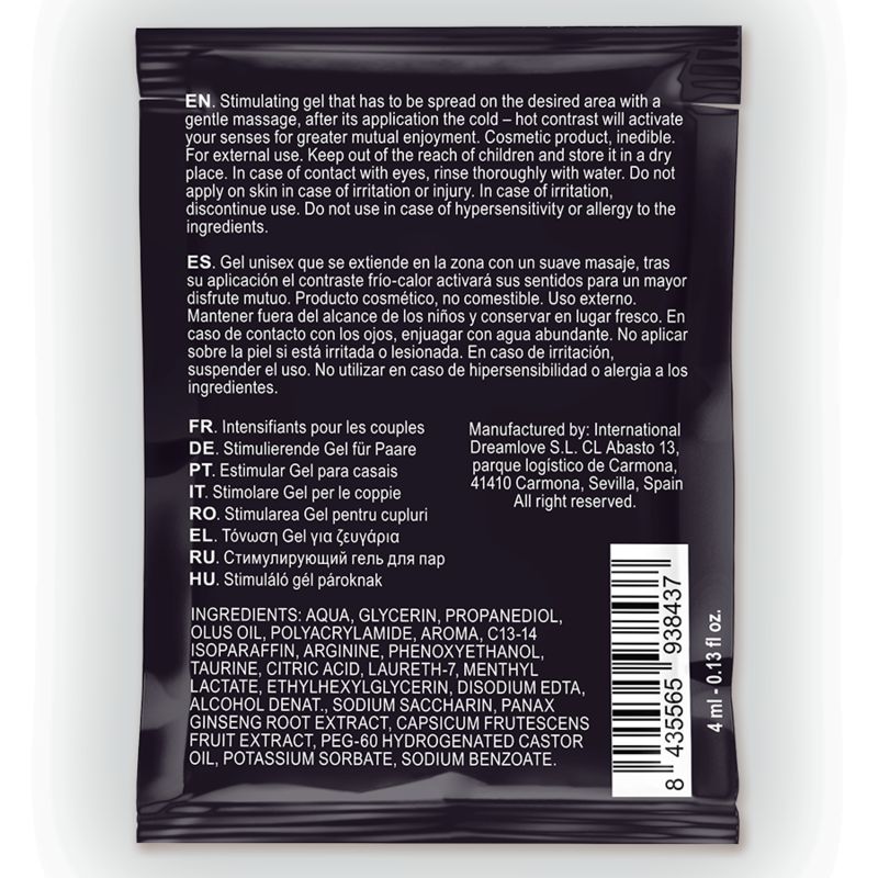 Schwarzer Beutel mit Text. Enthält Inhaltsstoffe und Herstellerinformationen. 4 ml.