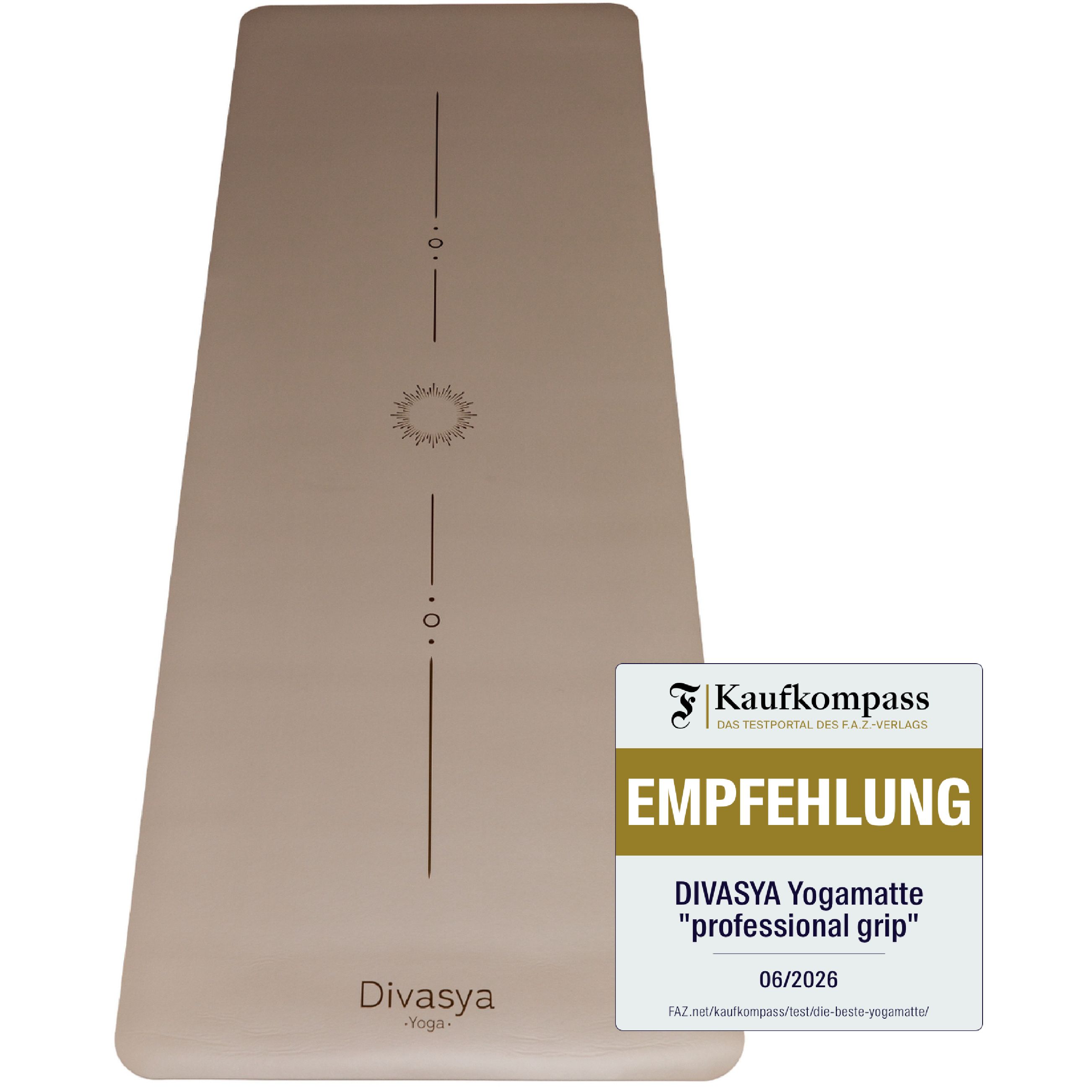 Beige Yogamatte mit 'Kaufkompass EMPFEHLUNG' Siegel und Produktbezeichnung 'DIVASYA Yogamatte "professional grip"'.