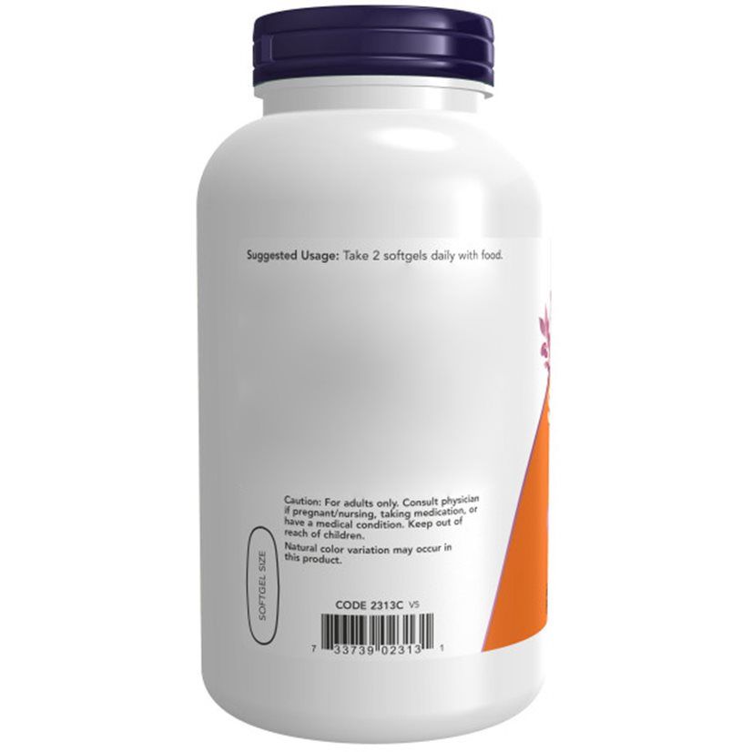 Rückseite der Flasche. Orangefarbenes Etikett mit Gebrauchsanweisung. Enthält Barcode und Softgel-Code. Marke: NOW.