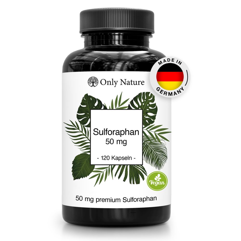 Schwarze Flasche mit weißen Etikett. Aufschrift: Sulforaphan 50 mg, 120 Kapseln. Vegan-Siegel. Made in Germany.