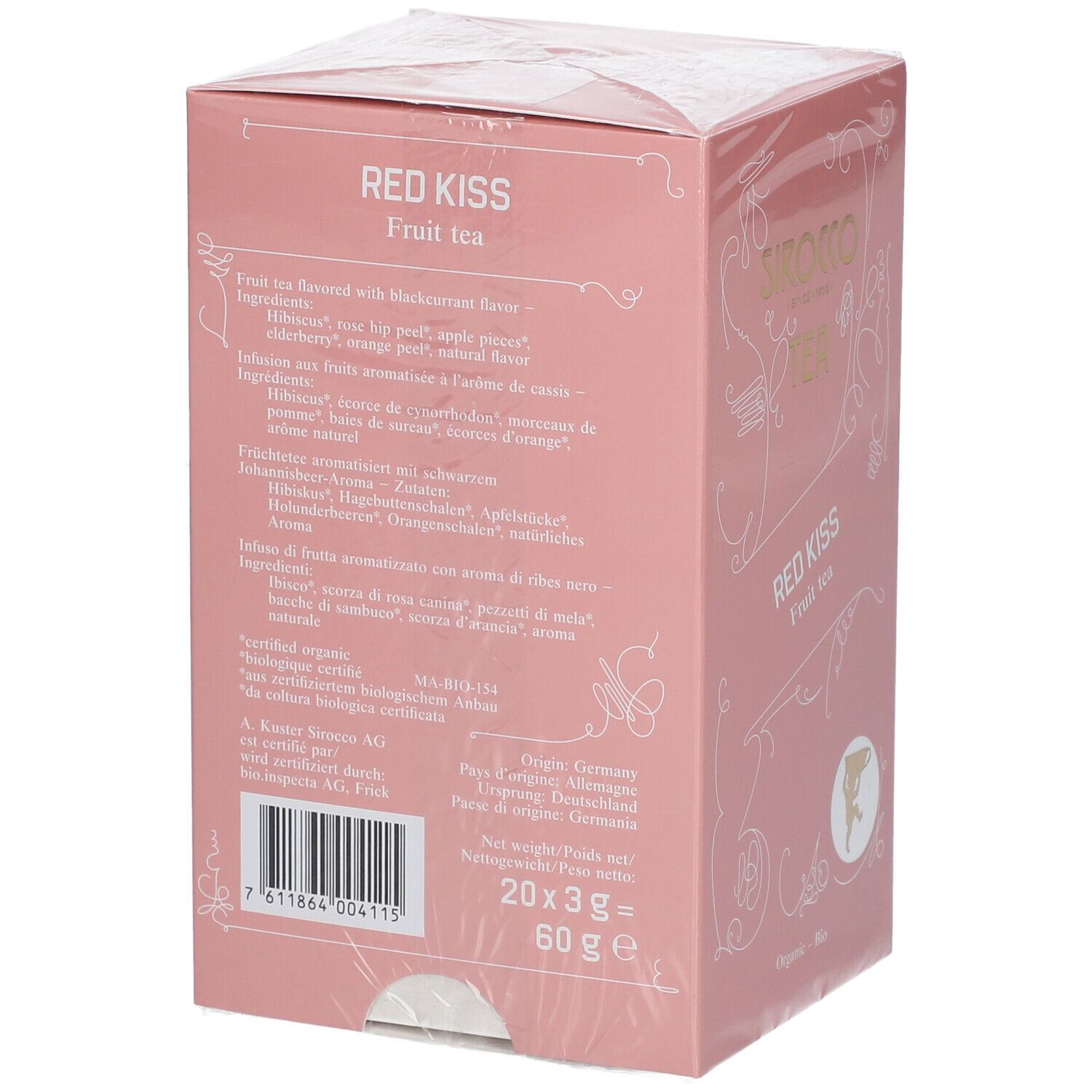 Verpackte rosa Schachtel "Sirocco Tea Red Kiss". 20x3g. Zutatenliste. Organisch-Bio-Logo.