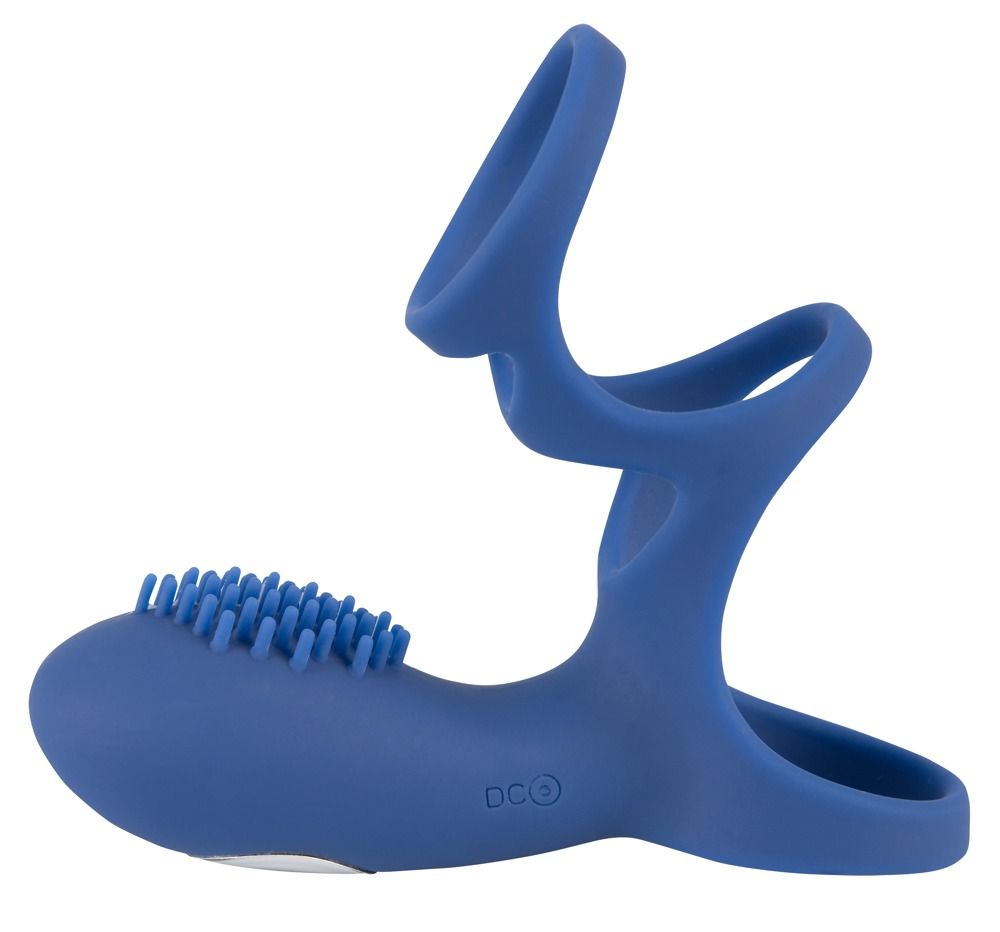 Blauer Ring mit Noppen und Griff. Silikon. Zwei Öffnungen. Oberteil mit Noppen. Aufschrift DC.