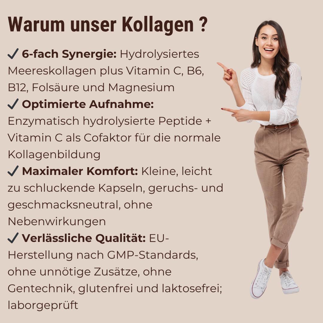 Eine Frau zeigt auf Text. Text: 6-fach Synergie, optimierte Aufnahme, maximaler Komfort, zuverlässige Qualität. Ohne Gentechnik, glutenfrei.