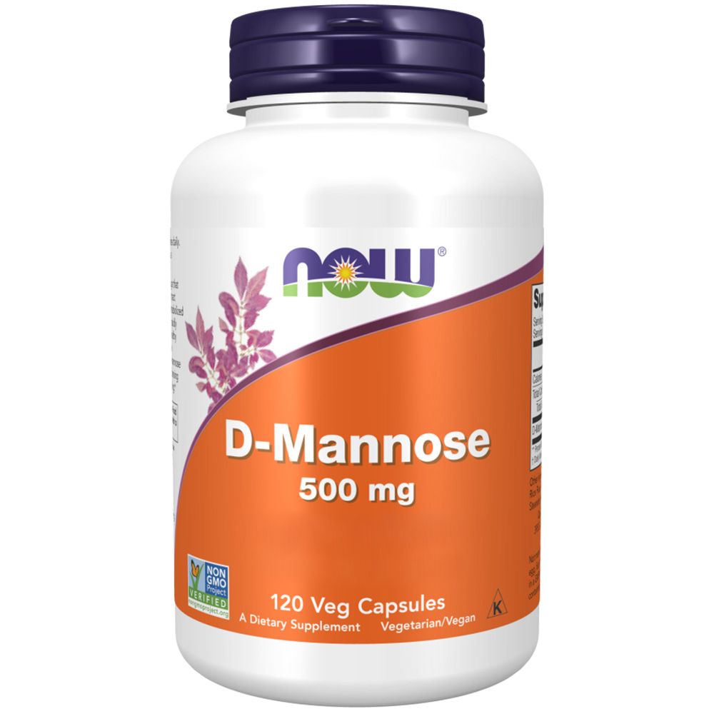 Weiße Flasche mit lila Deckel. Etikett mit "D-Mannose 500 mg" und "120 Veg Capsules". Marke: NOW.