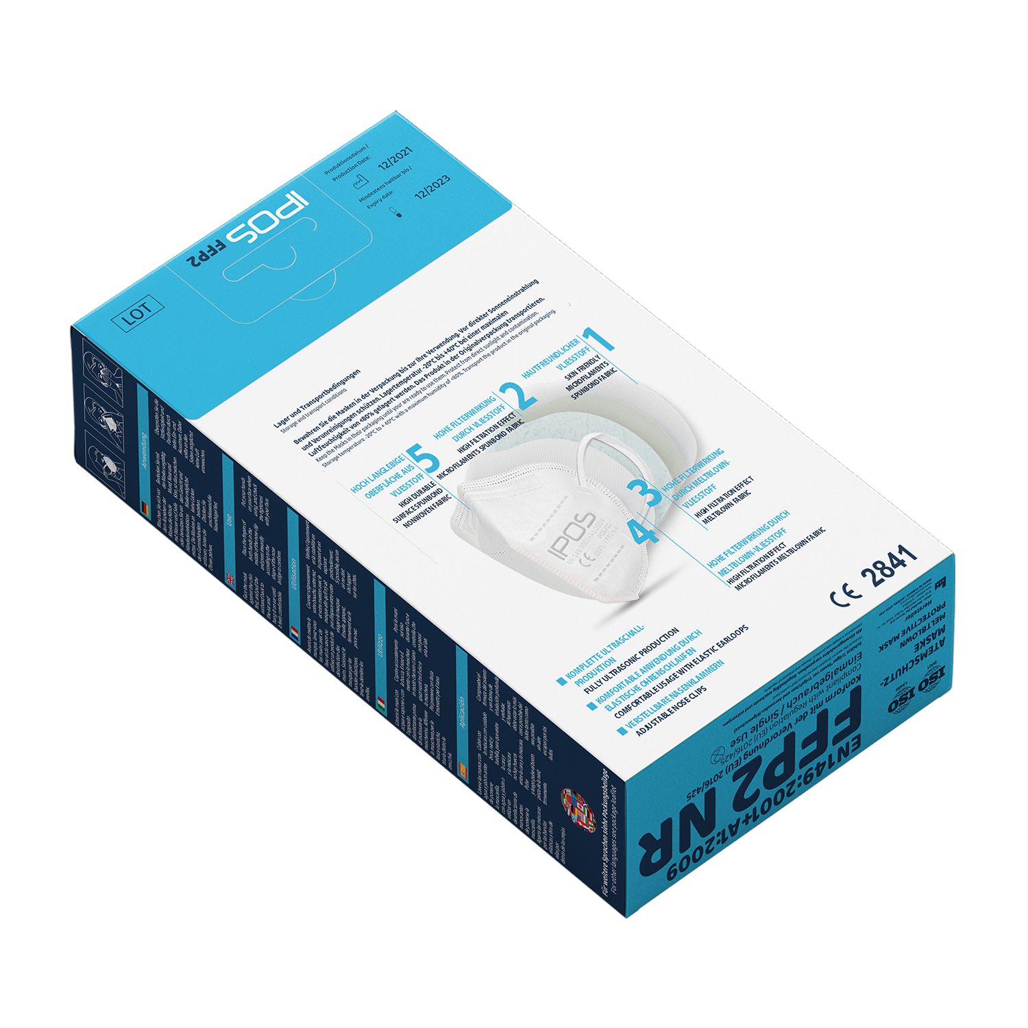 Verpackung von IPOS FFP2 Masken. Zeigt die Maske und ihre Bestandteile. Mit CE-Kennzeichnung.