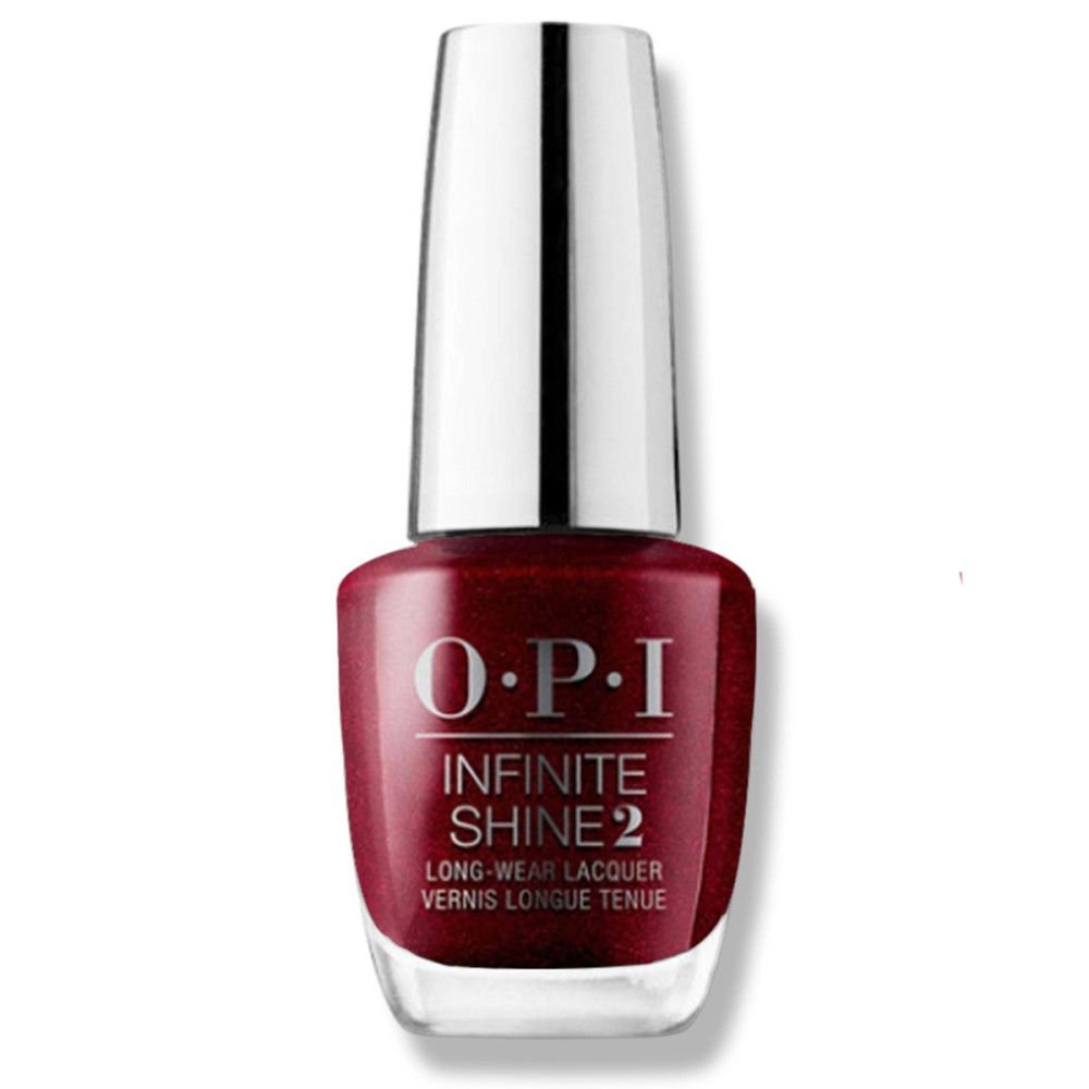 Nagellackflasche. Marke: OPI. Produktname: Infinite Shine 2. Farbe: Rot.