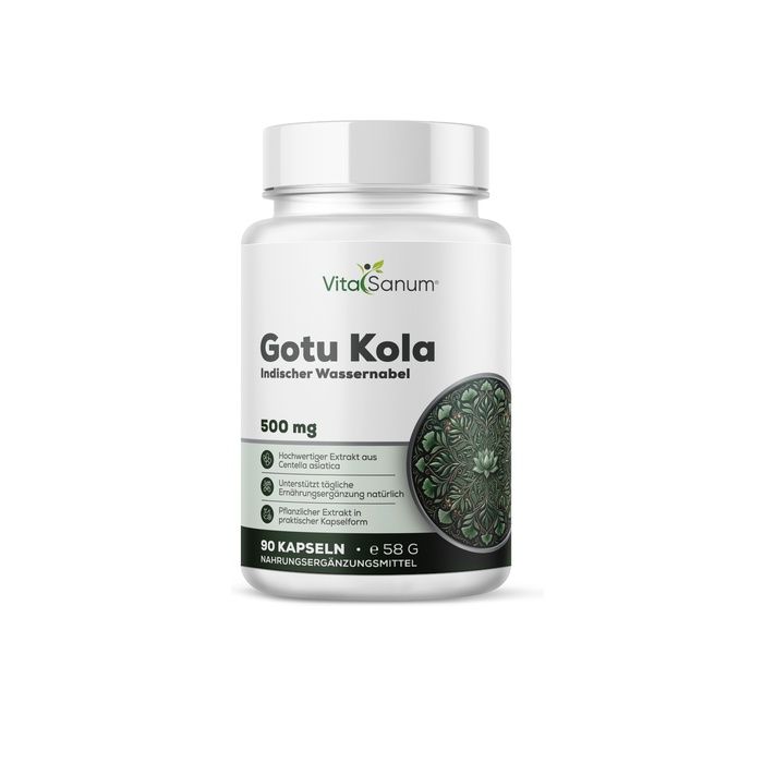 VitaSanum Gotu Kola Kapseln: Weißer Behälter mit 90 Kapseln, 500 mg. Enthält Indischer Wassernabel Extrakt.