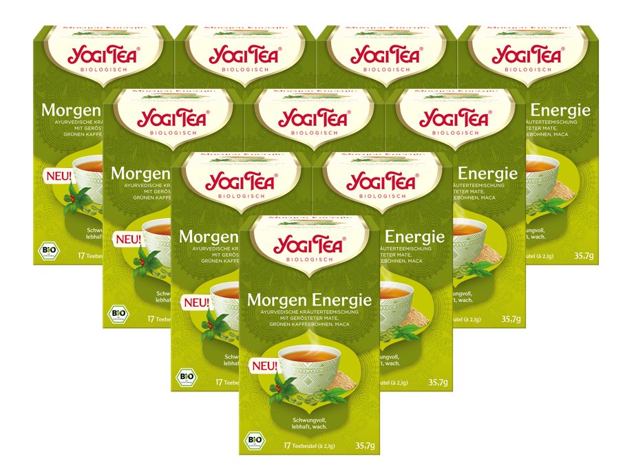 Mehrere Packungen YOGI TEA Morgen Energie BIO Kräutertee. Grüne Verpackung mit Logo und Produktbezeichnung. BIO-Siegel.