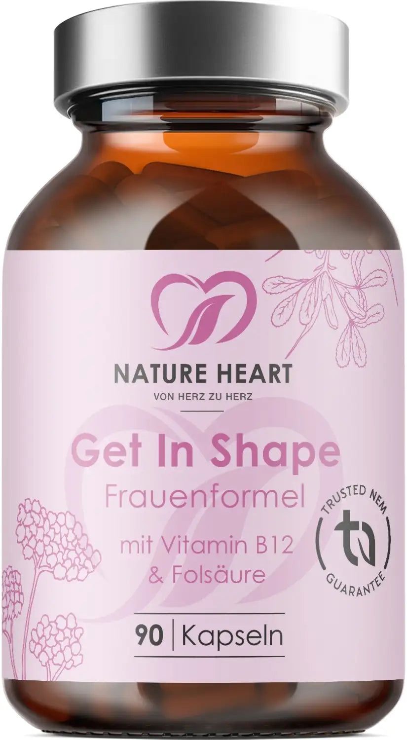 Braune Glasflasche mit rosa Etikett. Aufschrift: Get In Shape Frauenformel mit Vitamin B12 & Folsäure. 90 Kapseln.