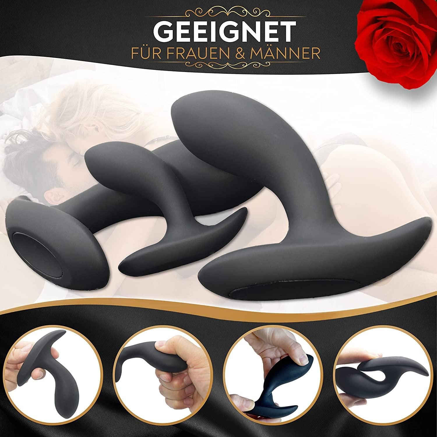 Drei schwarze Analplugs, verschiedene Größen, mit Produktfotos und Text: Geeignet für Frauen & Männer.