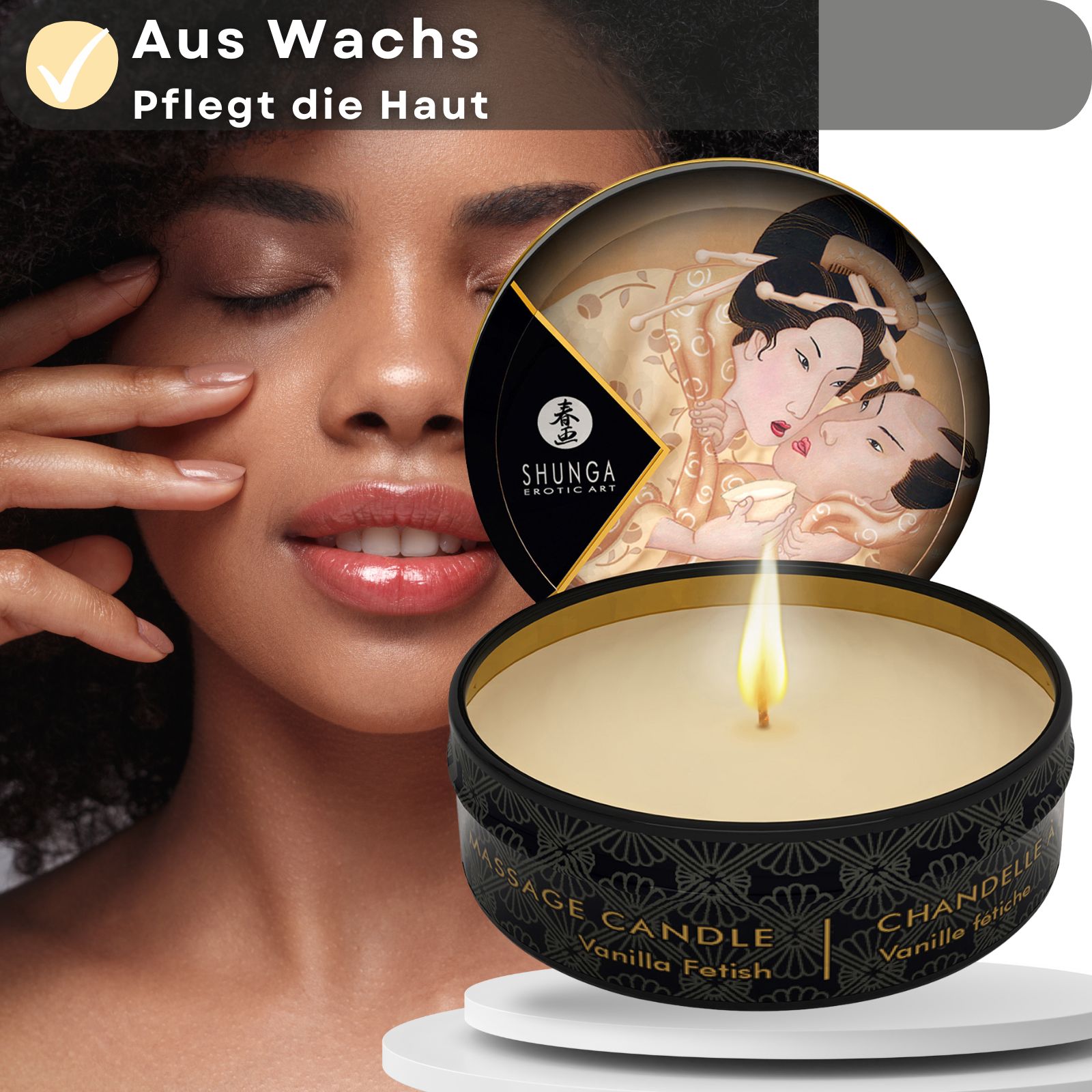 Massagekerze mit Aroma Vanille. Dose mit Deckel, Flamme brennt. Frau berührt Gesicht. Aufschrift: Massage Candle, Vanilla Fetish. Produktabbildung.