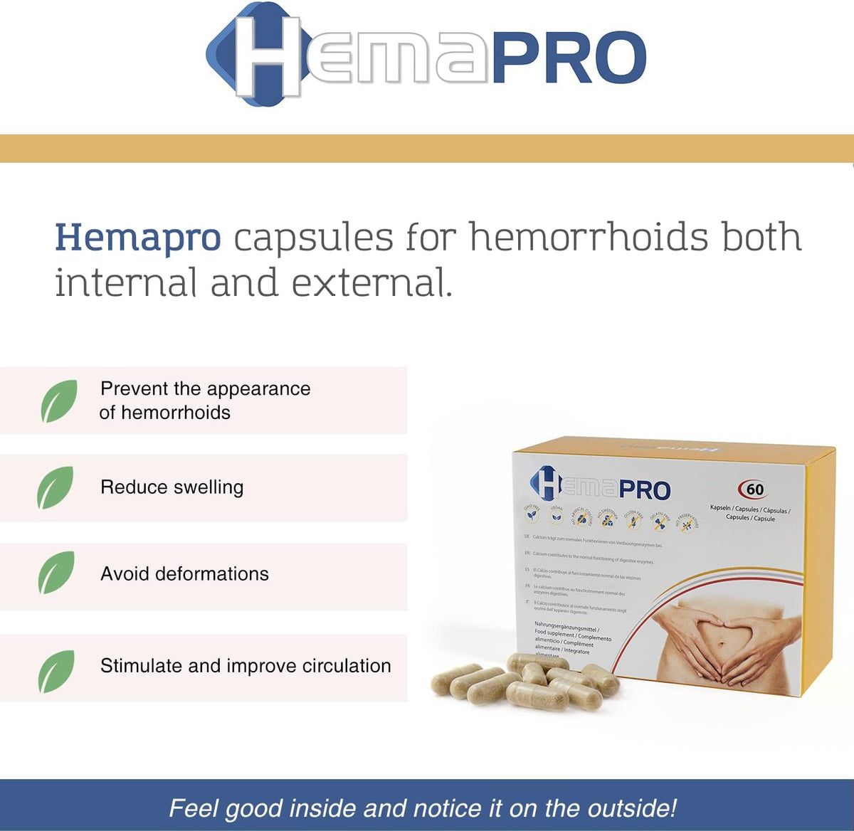 HemaPRO-Kapseln. Logo, 60 Kapseln. Vorteile: Vorbeugung, Reduzierung von Schwellungen, Vermeidung von Verformungen, Verbesserung der Zirkulation.