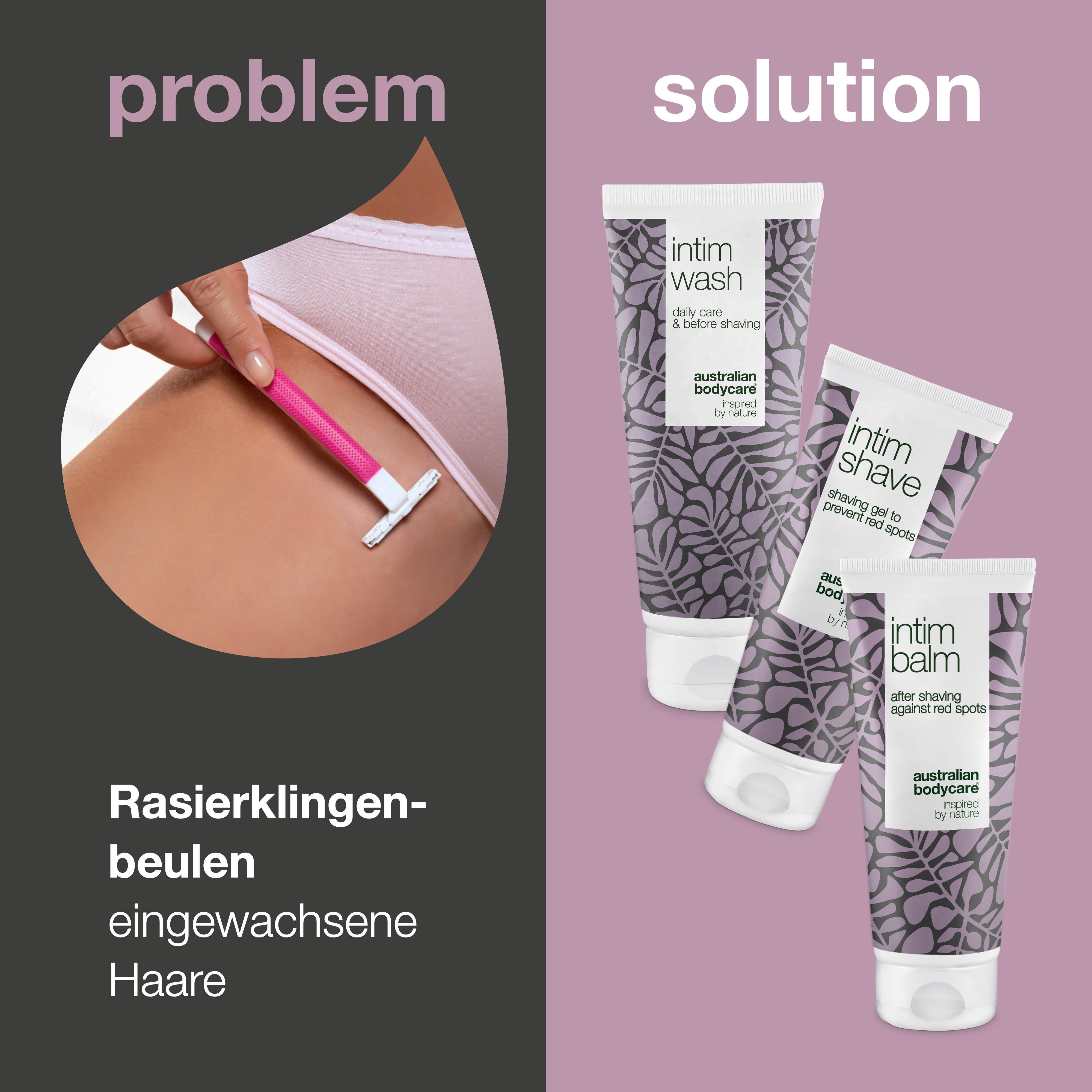 Problem: Rasierklingenbeulen und eingewachsene Haare. Lösung: Drei Australian Bodycare Intimrasur-Produkte.