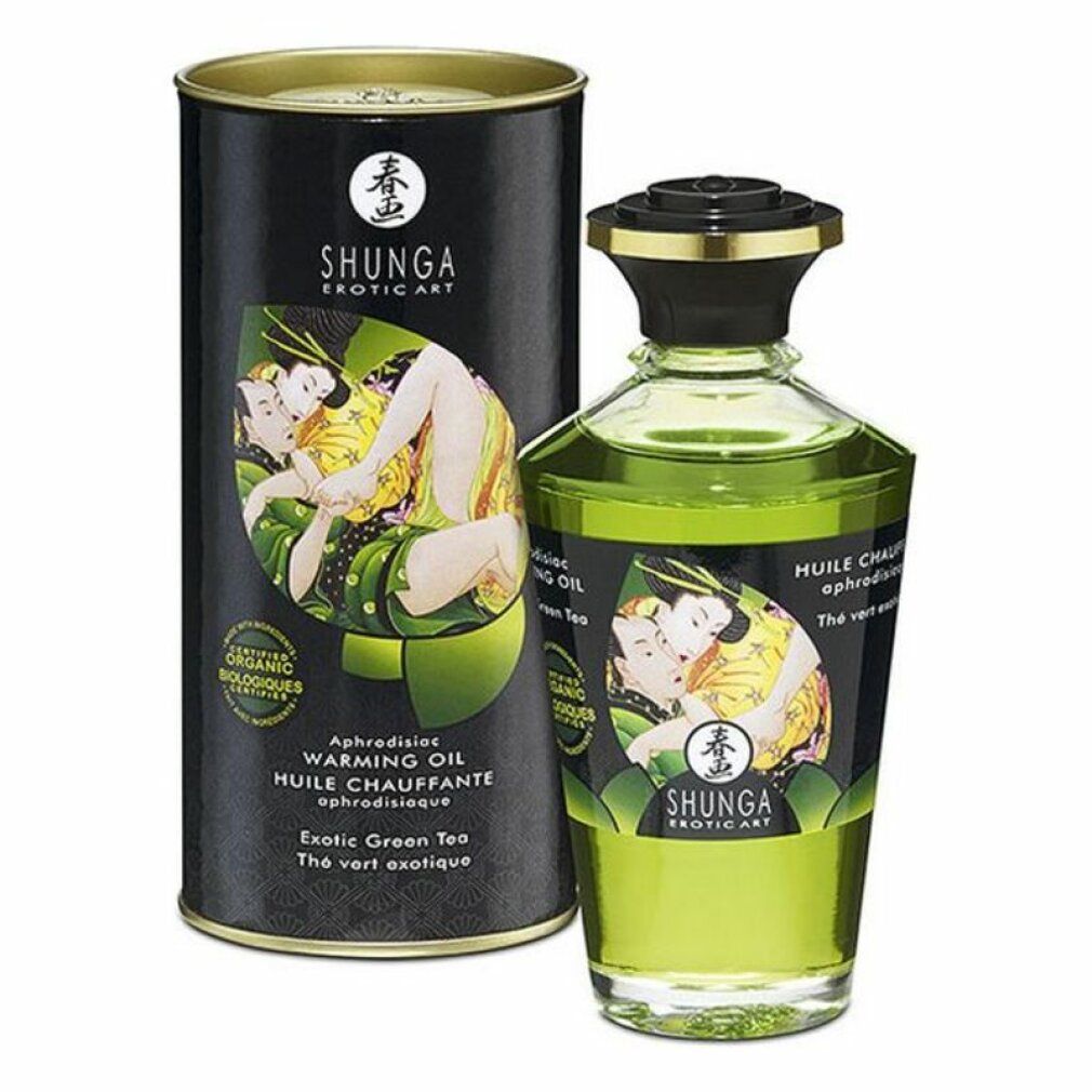 Shunga Massageöl mit Aroma Green Tea, Flasche und Dose. Grünes Öl, Etikett mit Küssen.