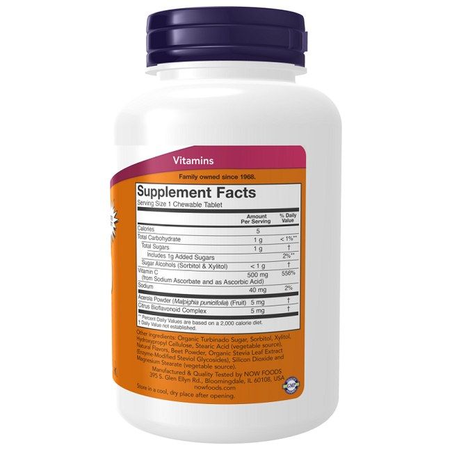 Rückseite der Now Foods Vitamin C-500 Kautabletten, 100 Stück. Enthält Nährwertangaben.