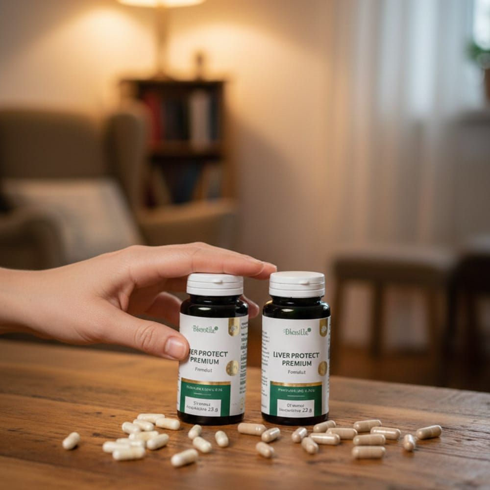 Hand präsentiert zwei Flaschen Biostile Liver Protect Premium Kapseln mit verstreuten Kapseln.