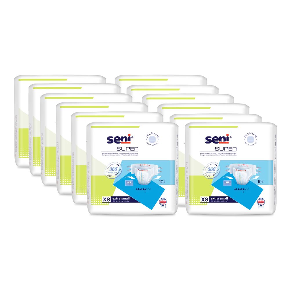 Mehrere Packungen Super Seni XS Windeln. Jede Packung enthält 10 Stück. Aufdruck: Seni, Super, XS, 360° und ein Windel-Symbol.