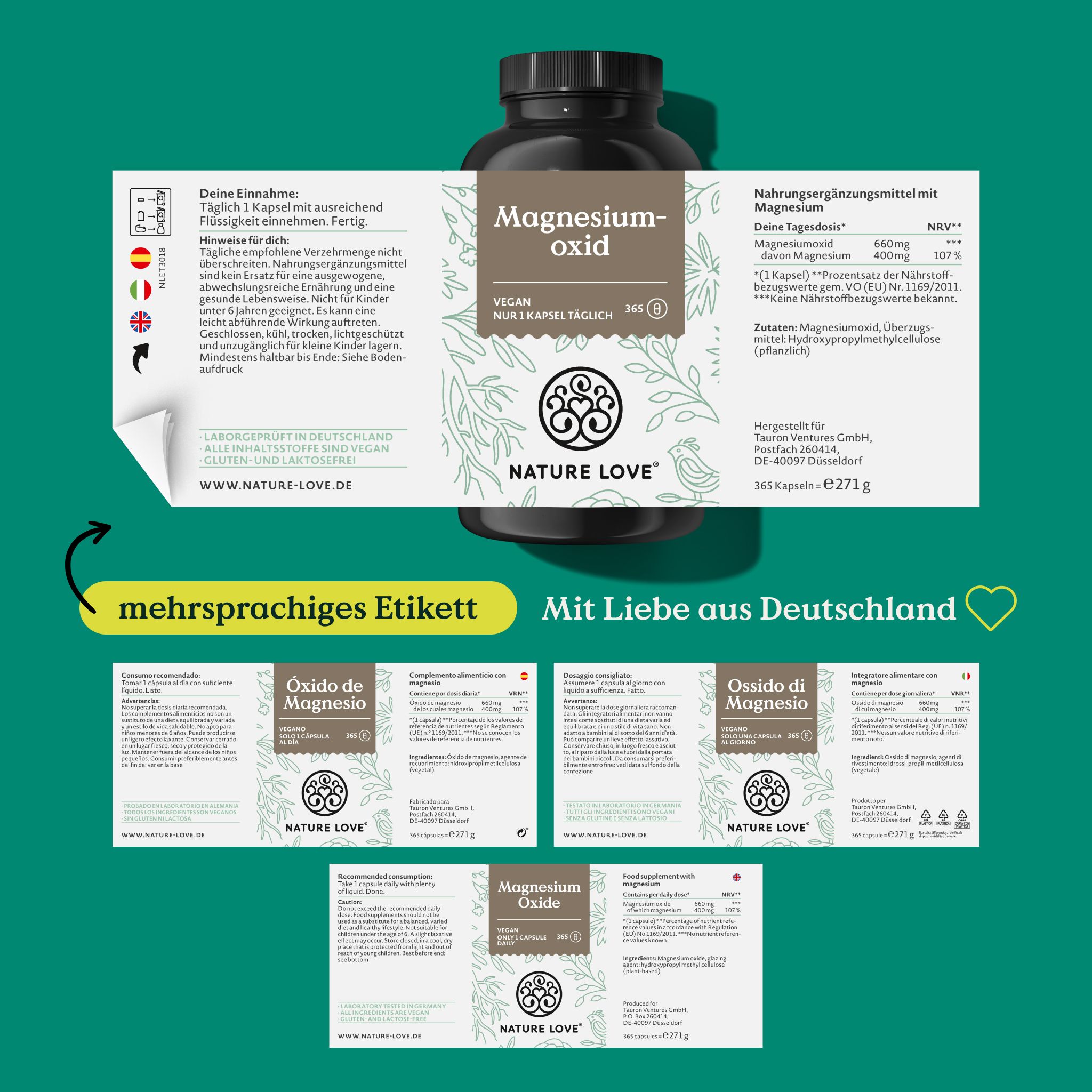 Produktetikett mit mehrsprachigen Texten. Flasche mit Magnesiumoxid. Zusätzliche Etiketten in verschiedenen Sprachen.