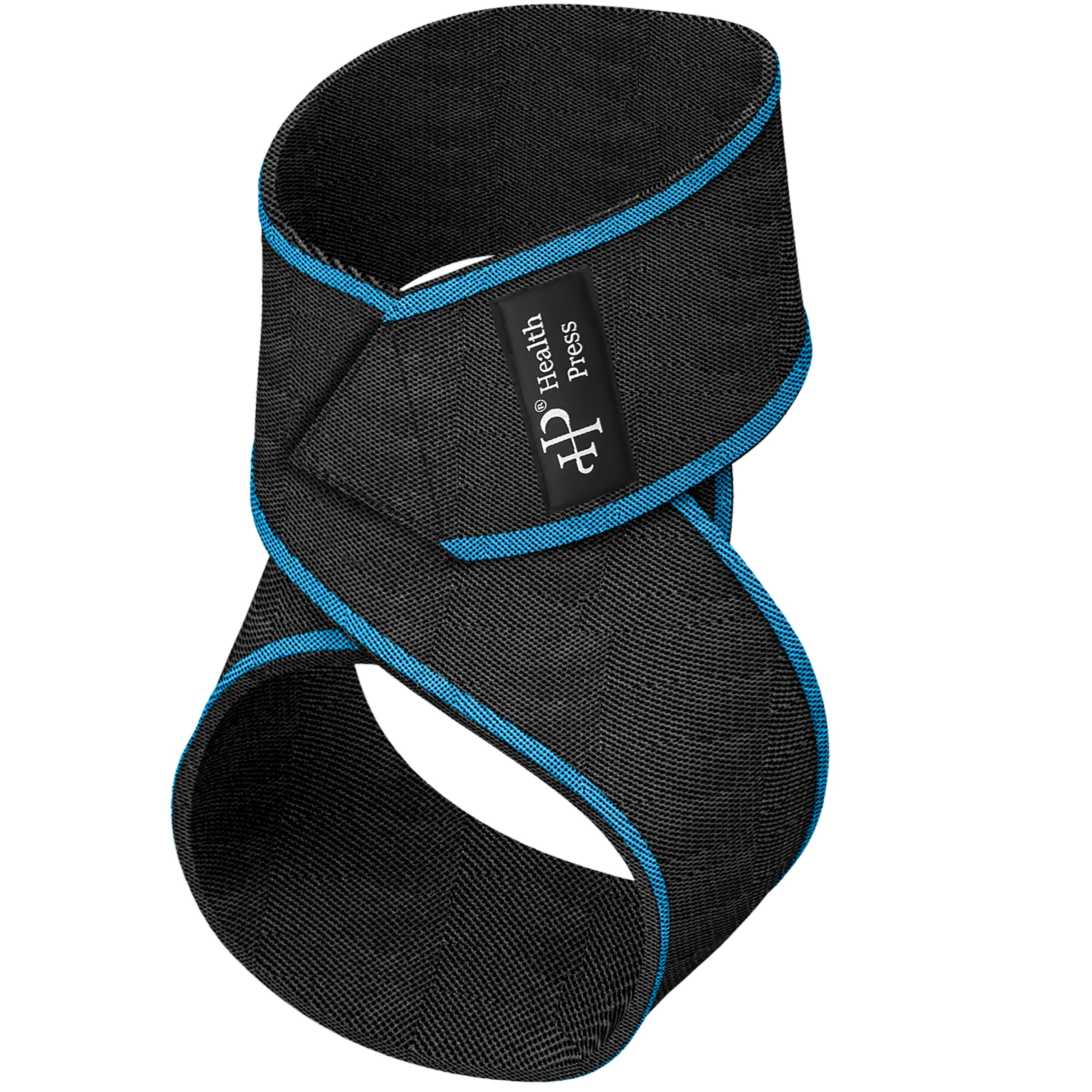 Schwarze Knöchelbandage mit blauen Akzenten. Das Produkt hat das Logo "HP Health Press".