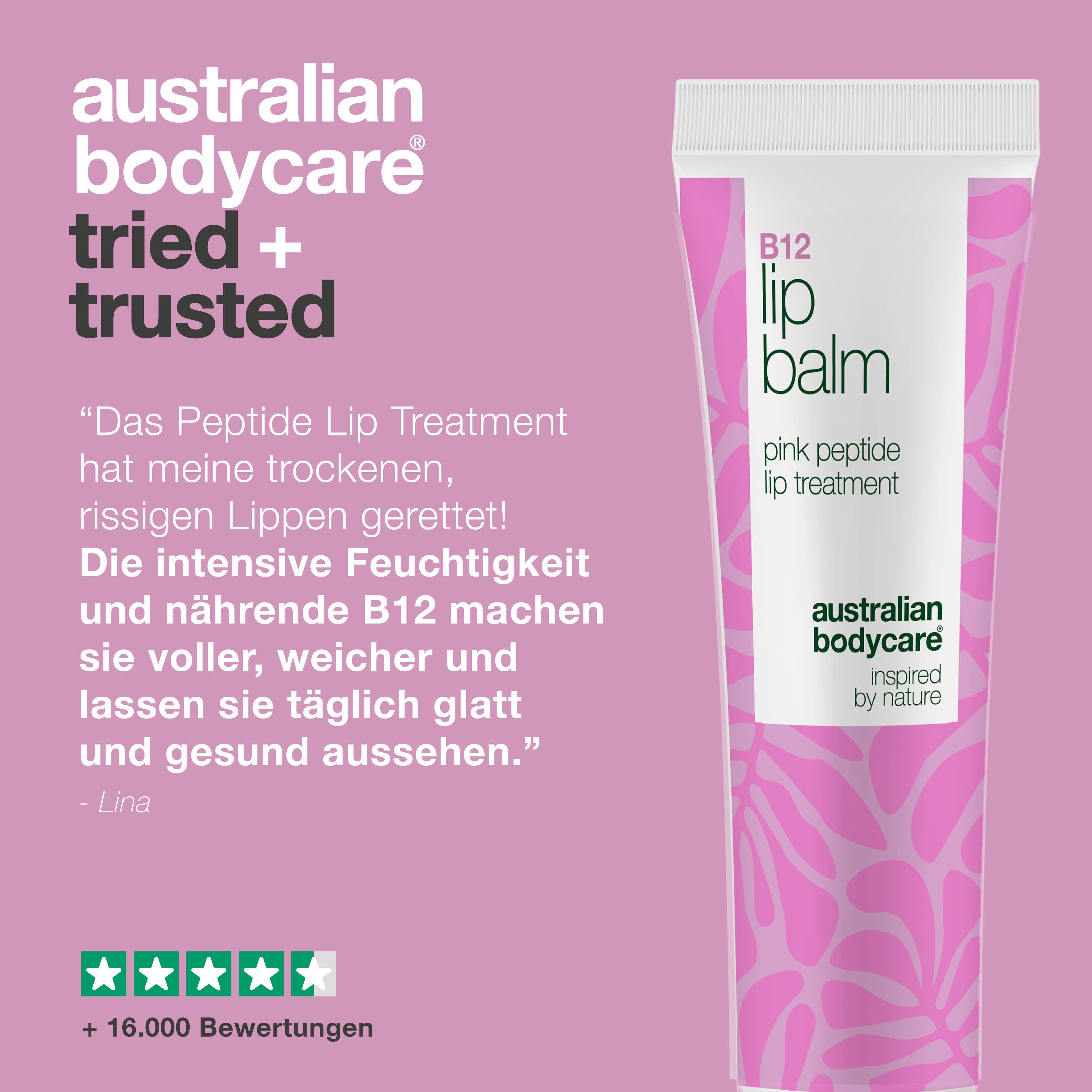 Rosa Tropfen. Text: Australian Bodycare's natural hero B12. Text über die Vorteile.