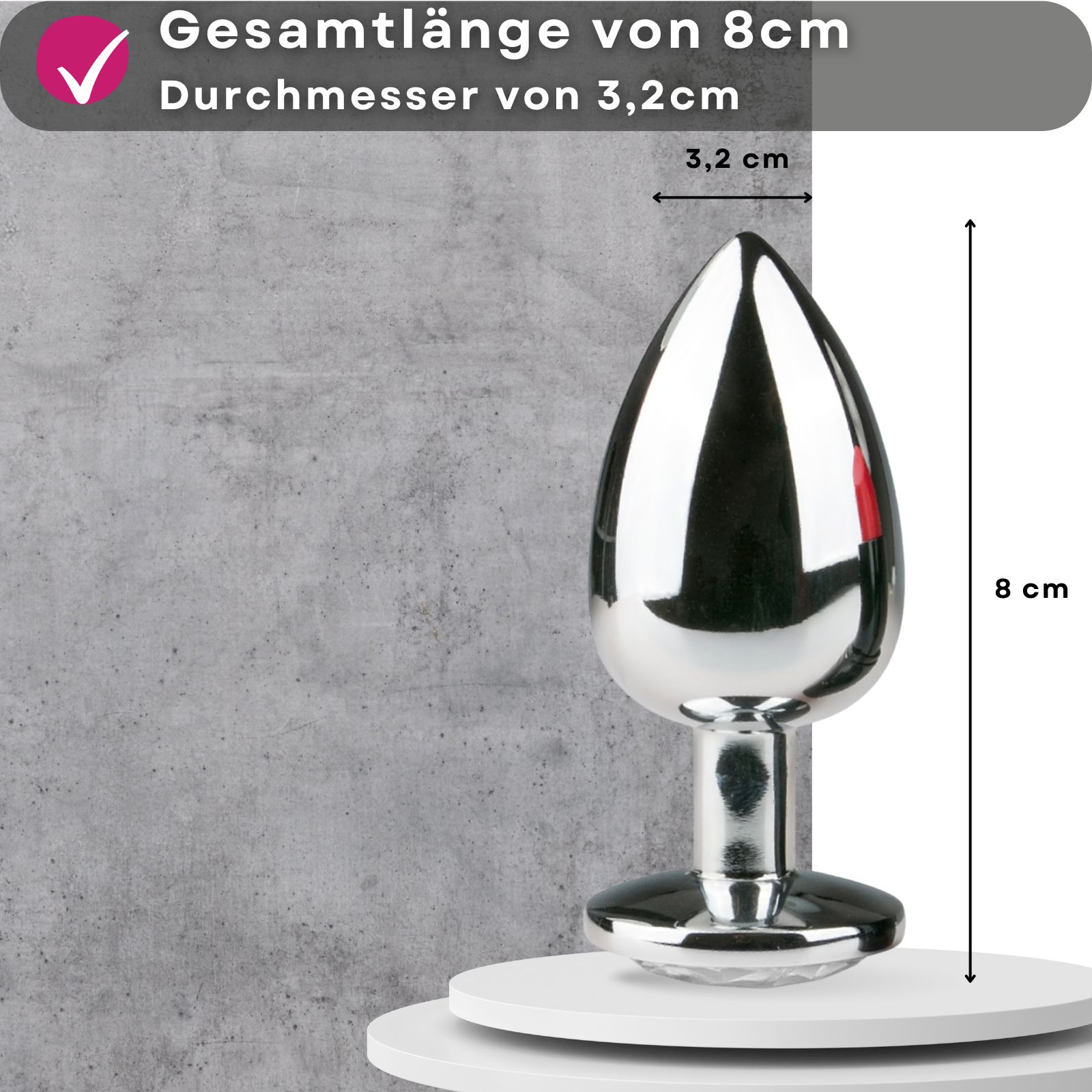 Analplug, 8 cm lang, 3,2 cm Durchmesser. Text: Gesamtlänge von 8cm, Durchmesser von 3,2cm.