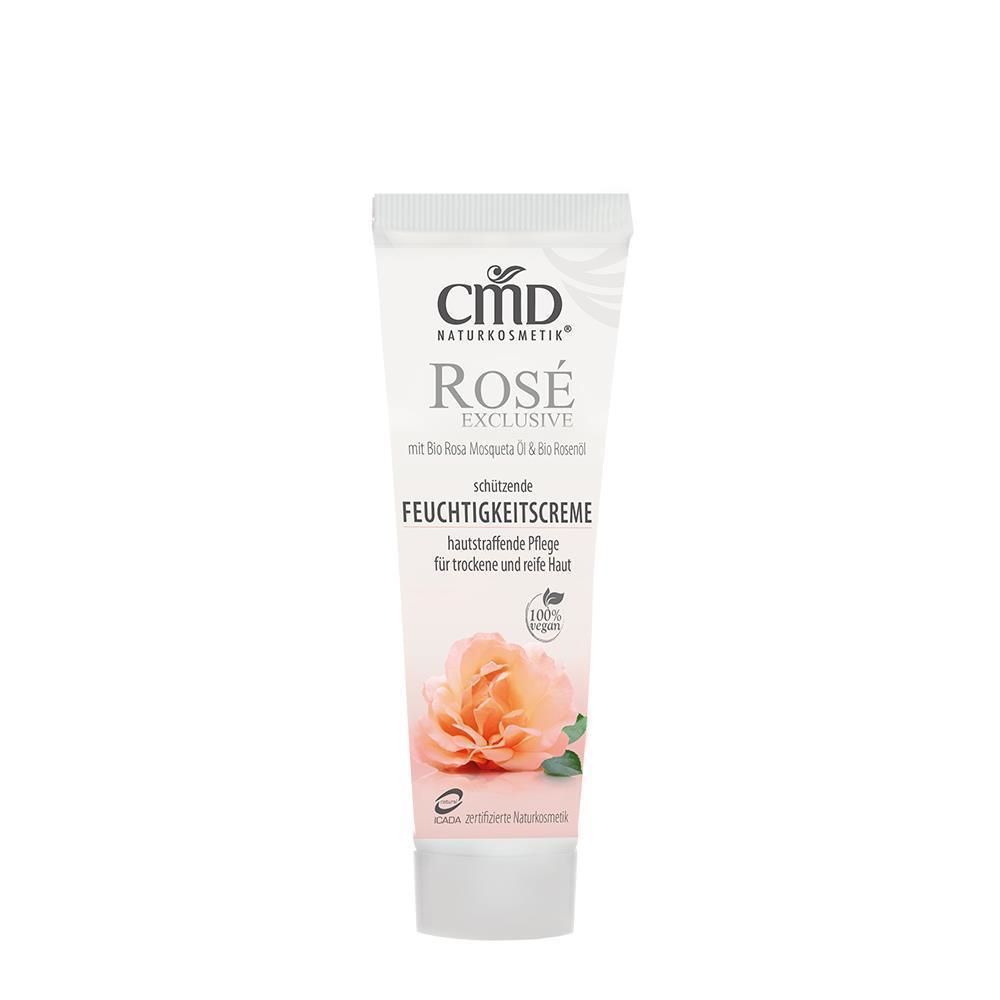 Creme-Tube mit Produktnamen und Rosenabbildung. Text: Rosé Exclusive Feuchtigkeitscreme, für trockene und reife Haut.