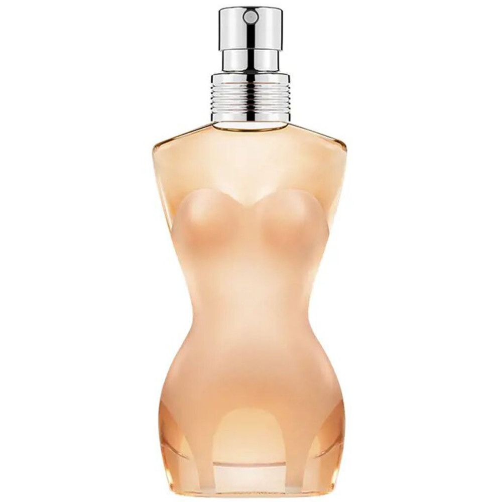 Parfümflakon in Frauenkörperform. Beige-transparente Farbe. Silberner Zerstäuber. Klassisches Design.