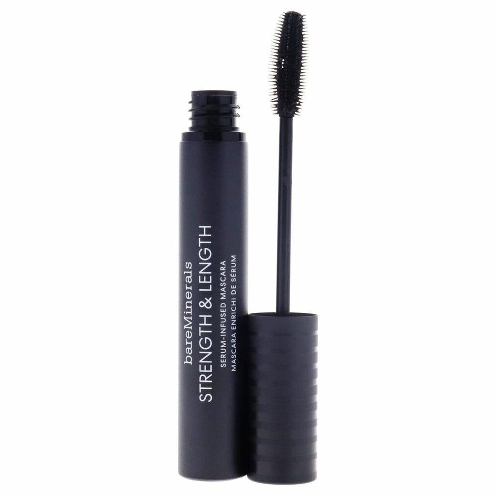 Schwarze Mascara-Tube mit geöffnetem Deckel. Aufschrift: BareMinerals, Strength & Length. Mascara-Bürste ist sichtbar.