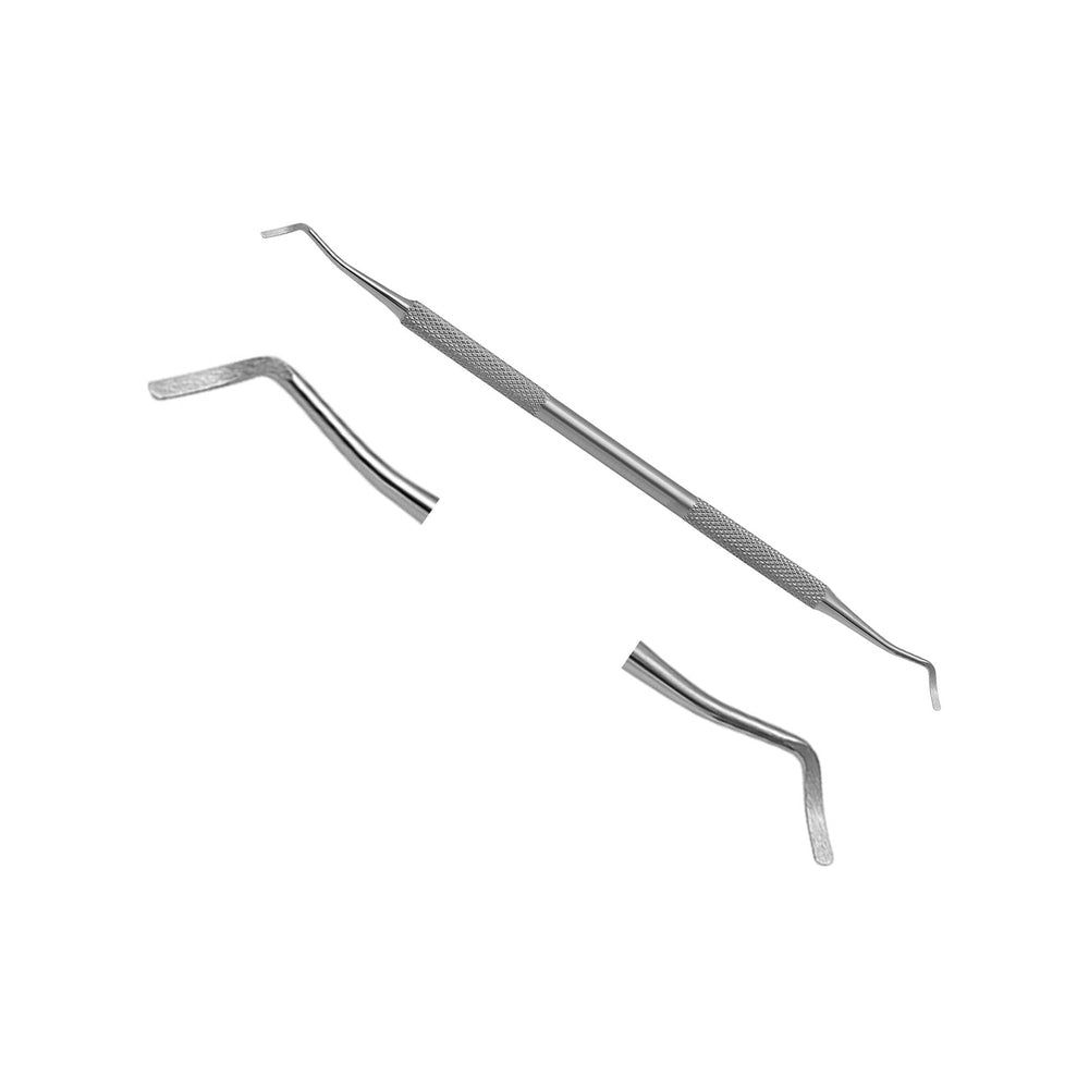 Zahnärztliches Instrument, silberfarben, mit geriffelter Mittelpartie und gebogenen Enden. Zwei separate, gebogene Instrumente.