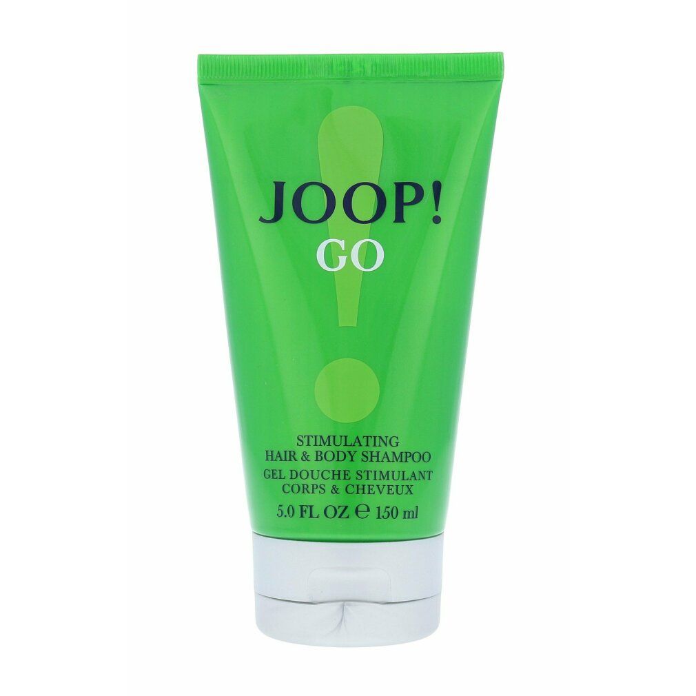 Grüne Tube mit JOOP! GO-Logo und Produktbezeichnung. Enthält "Stimulating Hair & Body Shampoo". Unterhalb steht "5.0 FL. OZ 150 ml".
