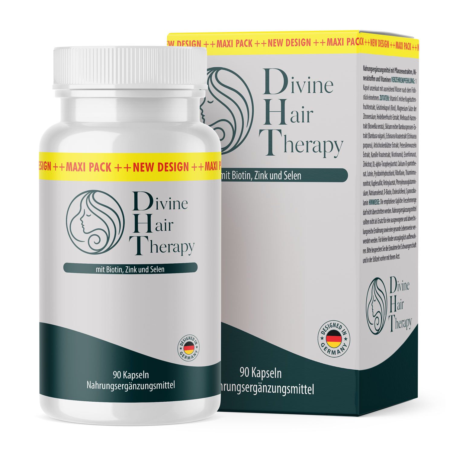 Flasche und Karton von Divine Hair Therapy Kapseln, 90 Stück, mit Biotin, Zink und Selen.