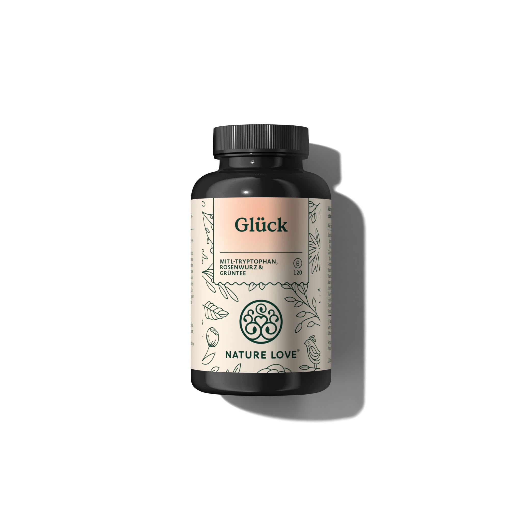 Braune Flasche NATURE LOVE® Glück Kapseln. Etikett mit Produktnamen, Inhaltsstoffen und Logo. Schwarzer Deckel.