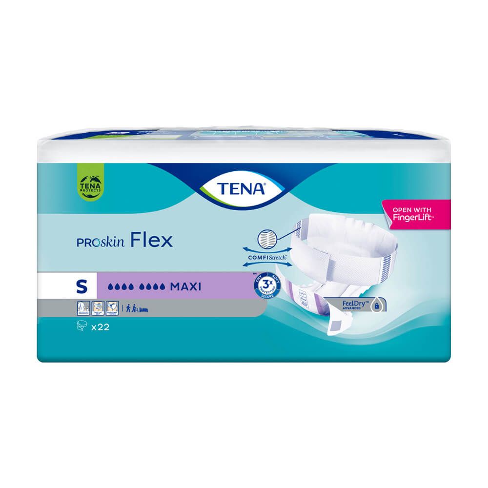 Verpackung TENA ProSkin Flex Maxi S. Blaue Verpackung mit Produktabbildung. Text: ProSkin Flex, Maxi, S, TENA.