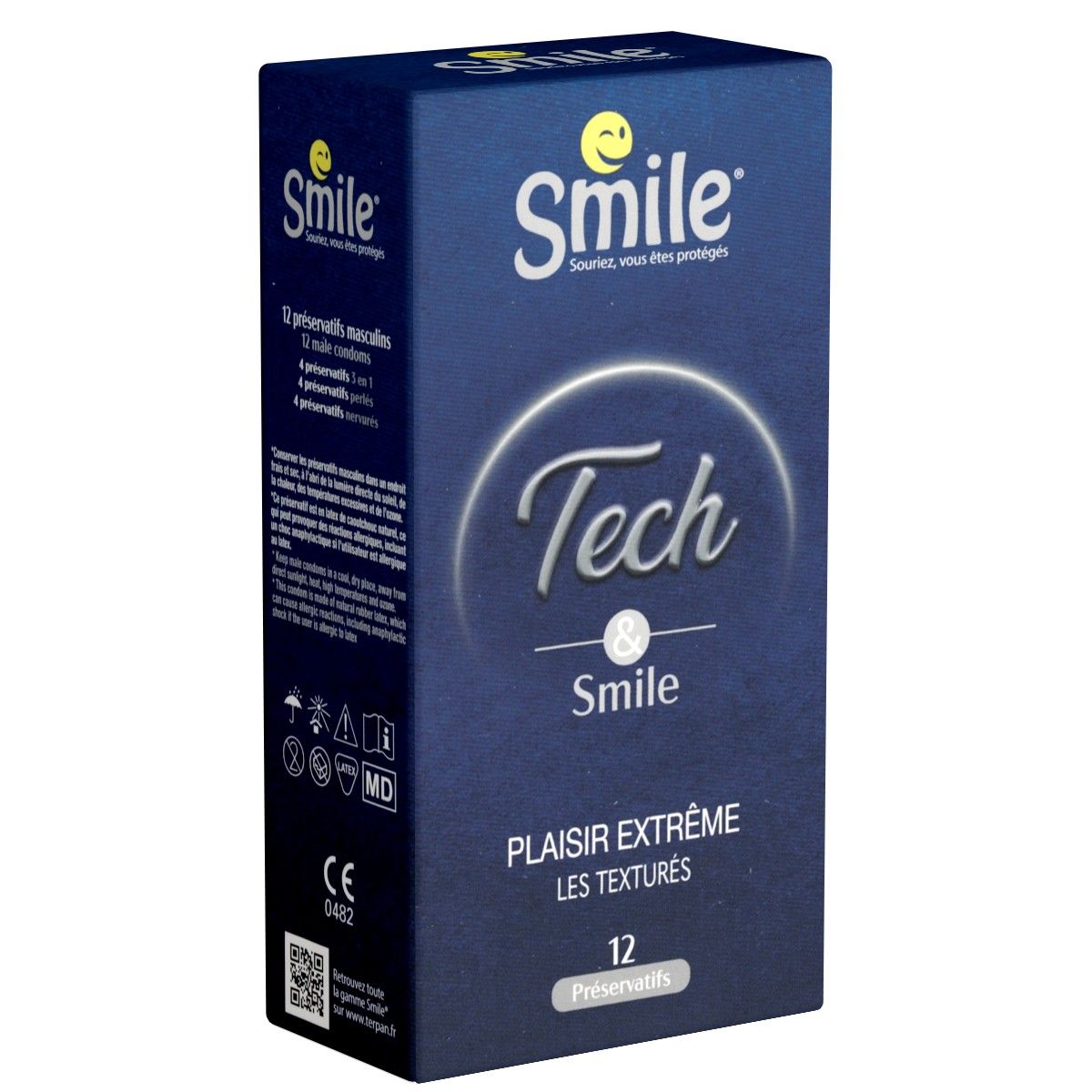 Dunkelblaue Verpackung mit "Smile Tech & Smile" Logo. Text: "Plaisir extrême les texturés", 12 Präservative. CE-Kennzeichnung.
