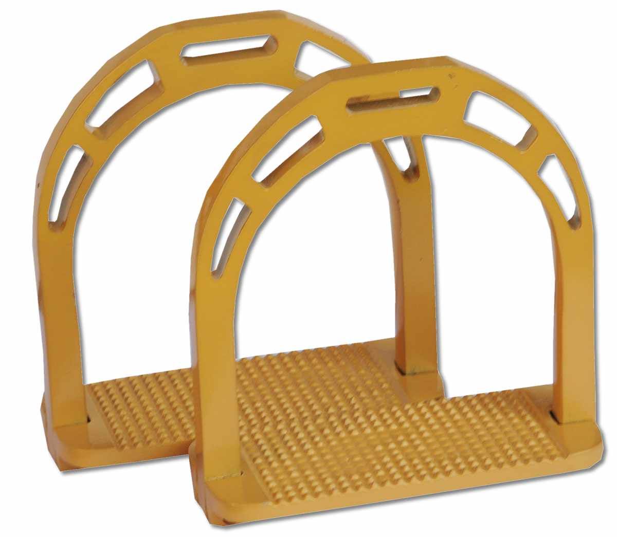 Zwei gelbe Steigbügel mit breiter Anti-Rutsch-Trittfläche. Aluminium-Konstruktion mit gebogenem Bügel und rechteckiger Trittfläche.