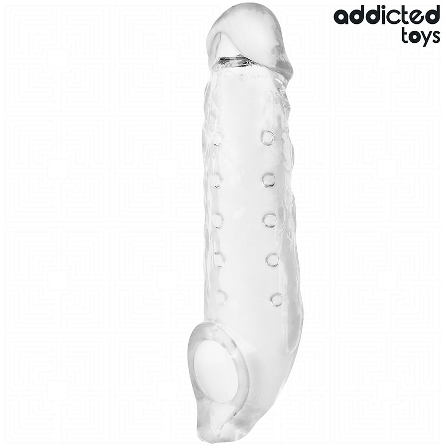 Transparentes Verlängerungsstück mit Noppen. Marke Addicted Toys. Produktansicht von der Seite.