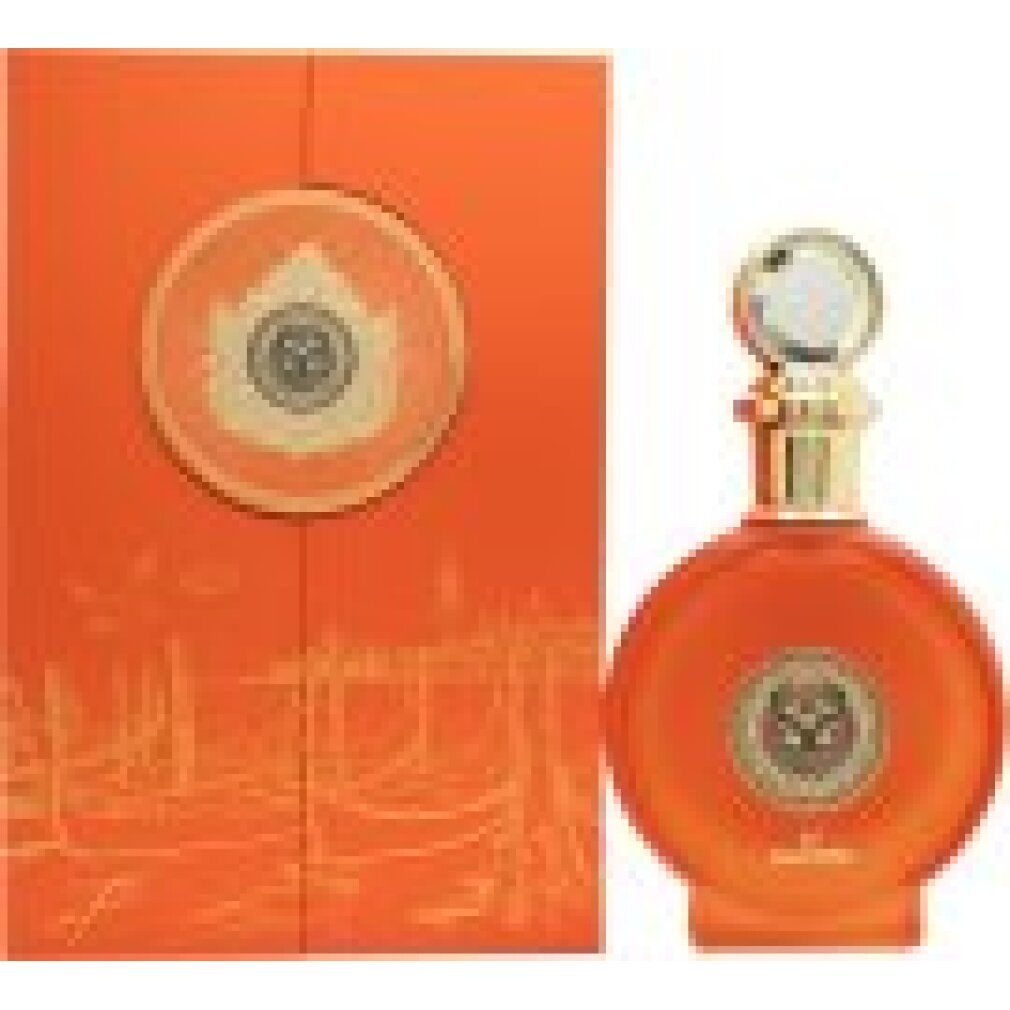 Orangefarbener Parfümflakon mit Geschenkbox, seitliche Ansicht.