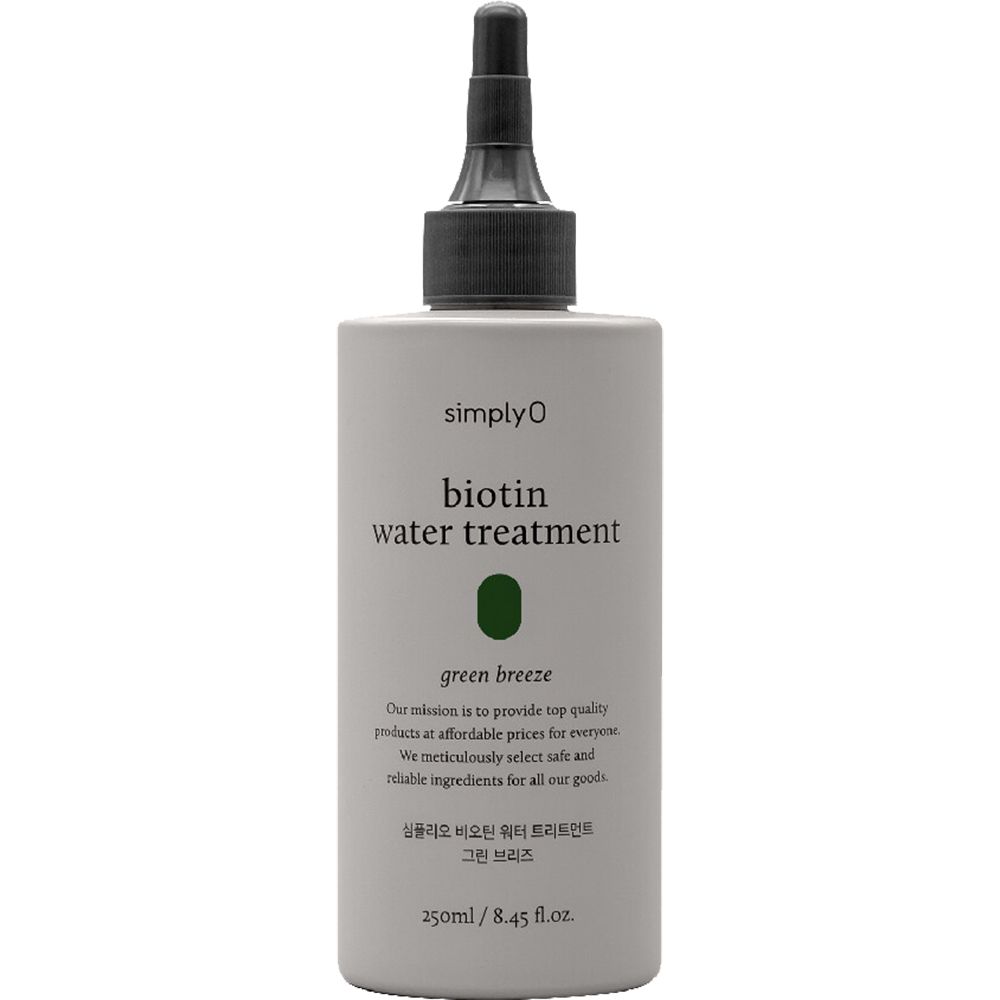 Graue Flasche mit schwarzem Applikator. Aufschrift: SIMPLYO Biotin Water Treatment Green Breeze. 250ml/8.45 fl.oz.