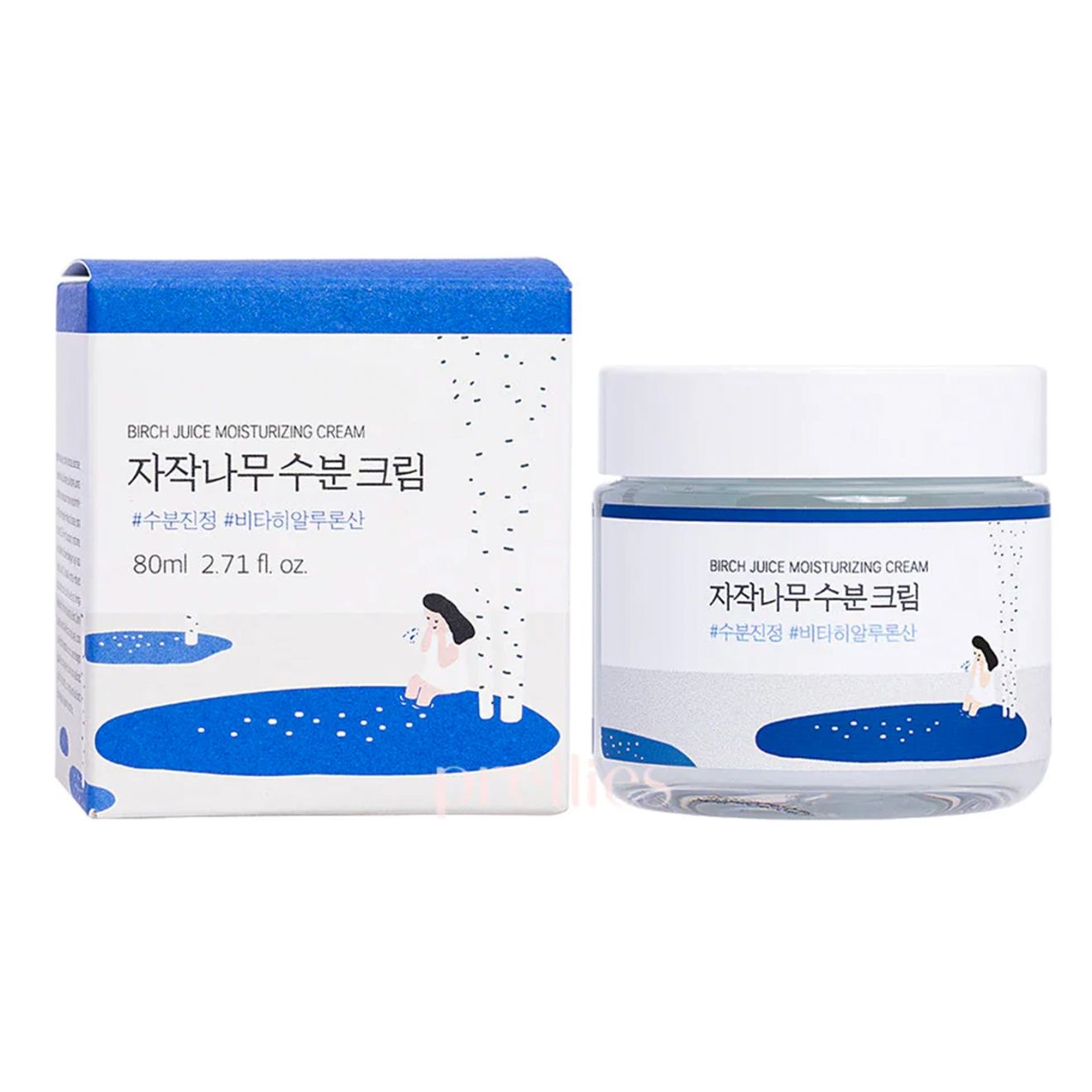 Creme-Tiegel und Verpackung. Weißer Tiegel mit blauem Deckel und Etikett. Blaue Verpackung mit Produktinformationen.