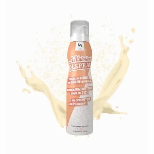 Sprühflasche mit weißem Sprühkopf. Aufschrift: 2 Kalorien Ölspray. Hintergrund: cremefarbener Spritzer.