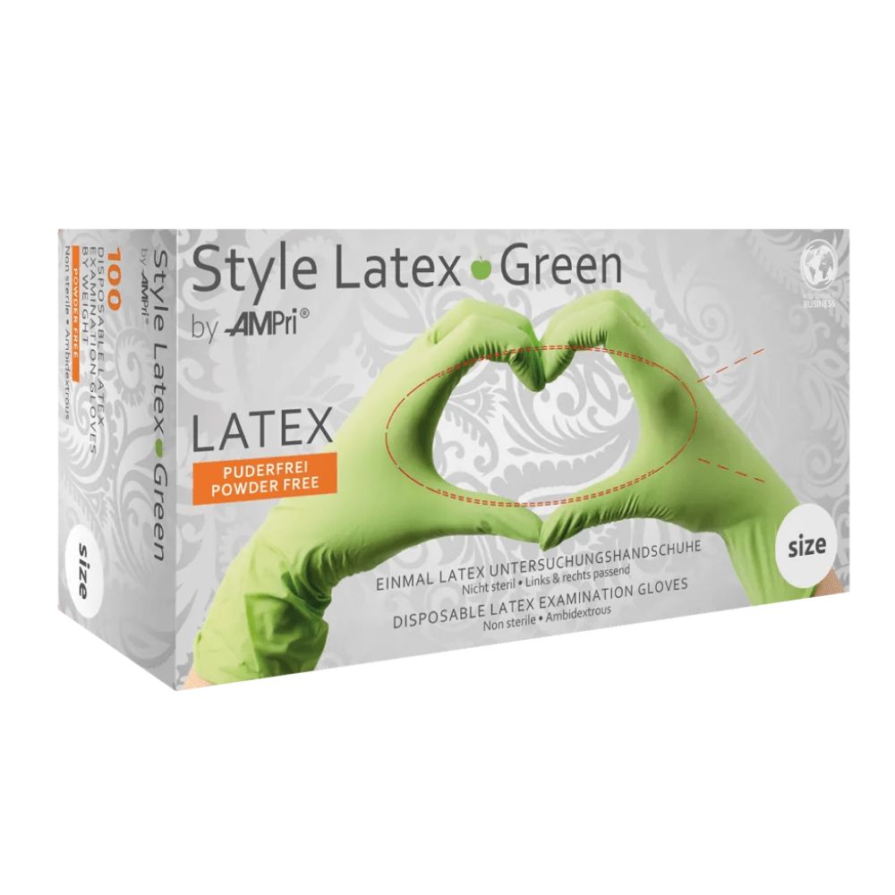 Grüne Einmal-Latex-Untersuchungshandschuhe, puderfrei, in Kartonverpackung.