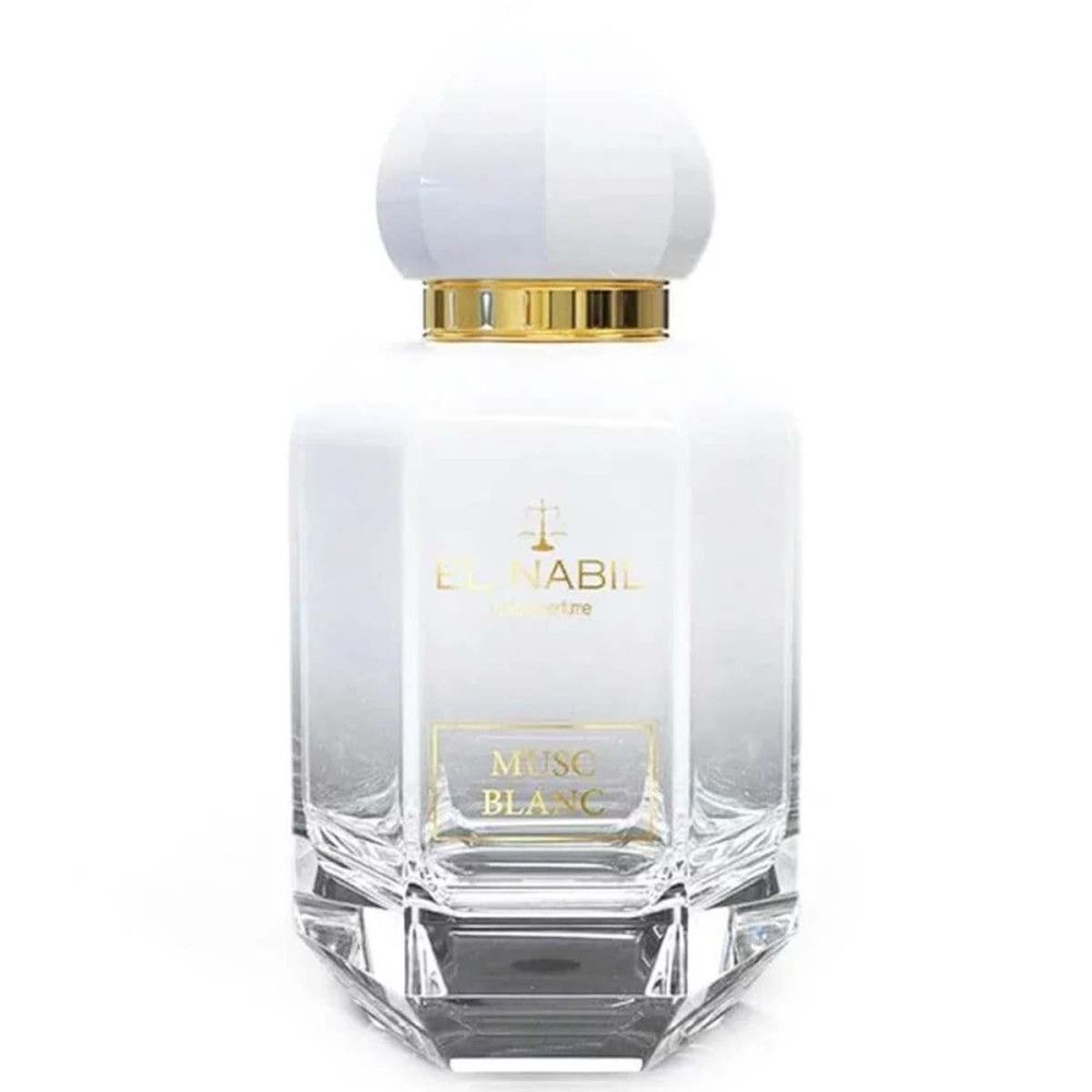 Weißes Parfümflakon mit goldener Verzierung und Deckel. Aufschrift: El Nabil, Musc Blanc.