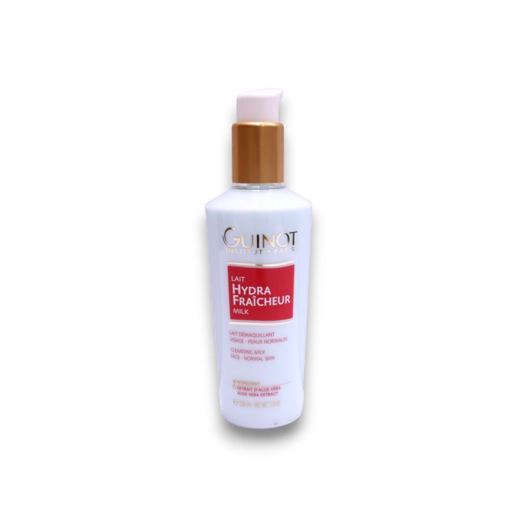 Guinot Lait Hydra Fraicheur Reinigungsmilch, weiße Flasche mit Pumpspender, goldener Akzent.